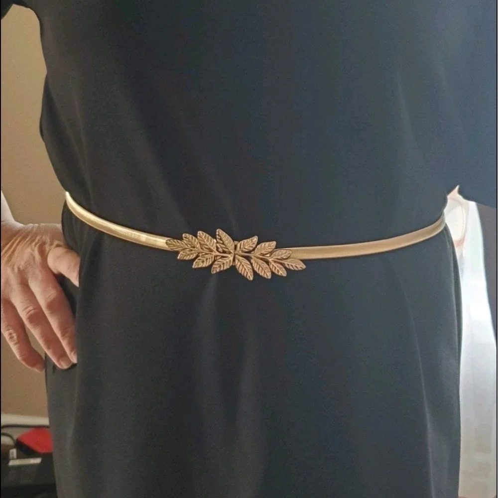Gold metal snake stretch skinny waist belt leaf buckle Formal wedding event